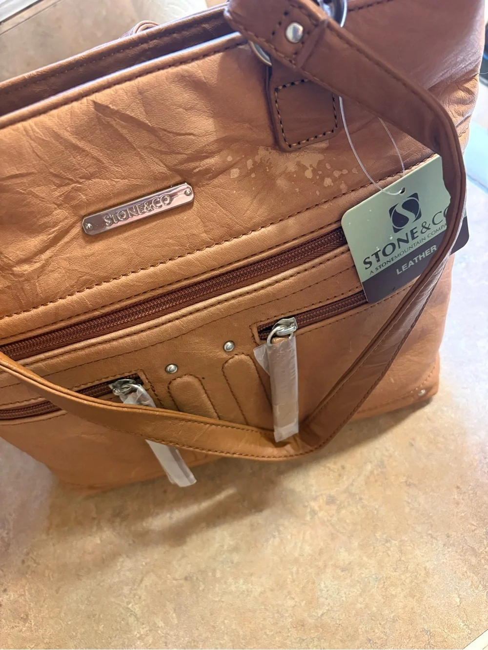Stone & Co. Tan Shoulder Bag with Double Zip Front Pockets -mild damage